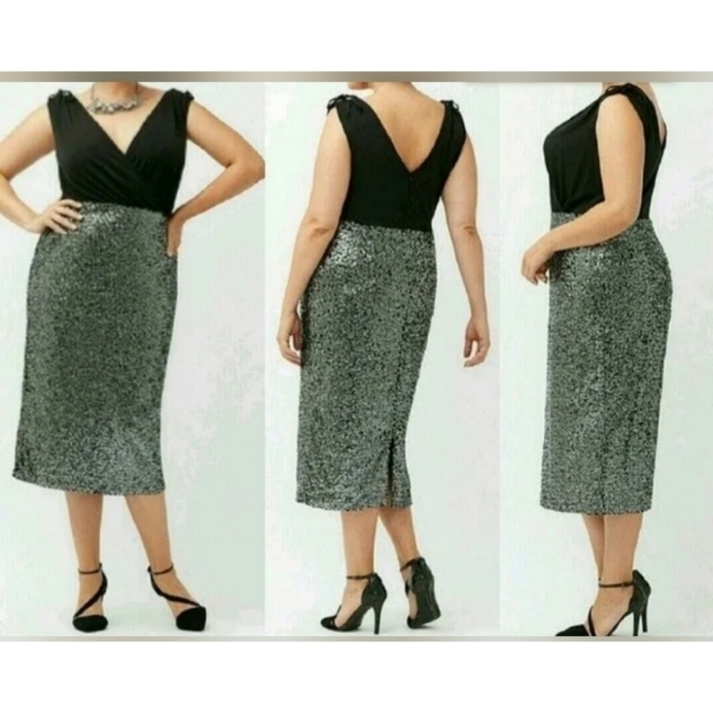 Black Top with Silver Sequin Pencil Dress - Picture 3 of 11